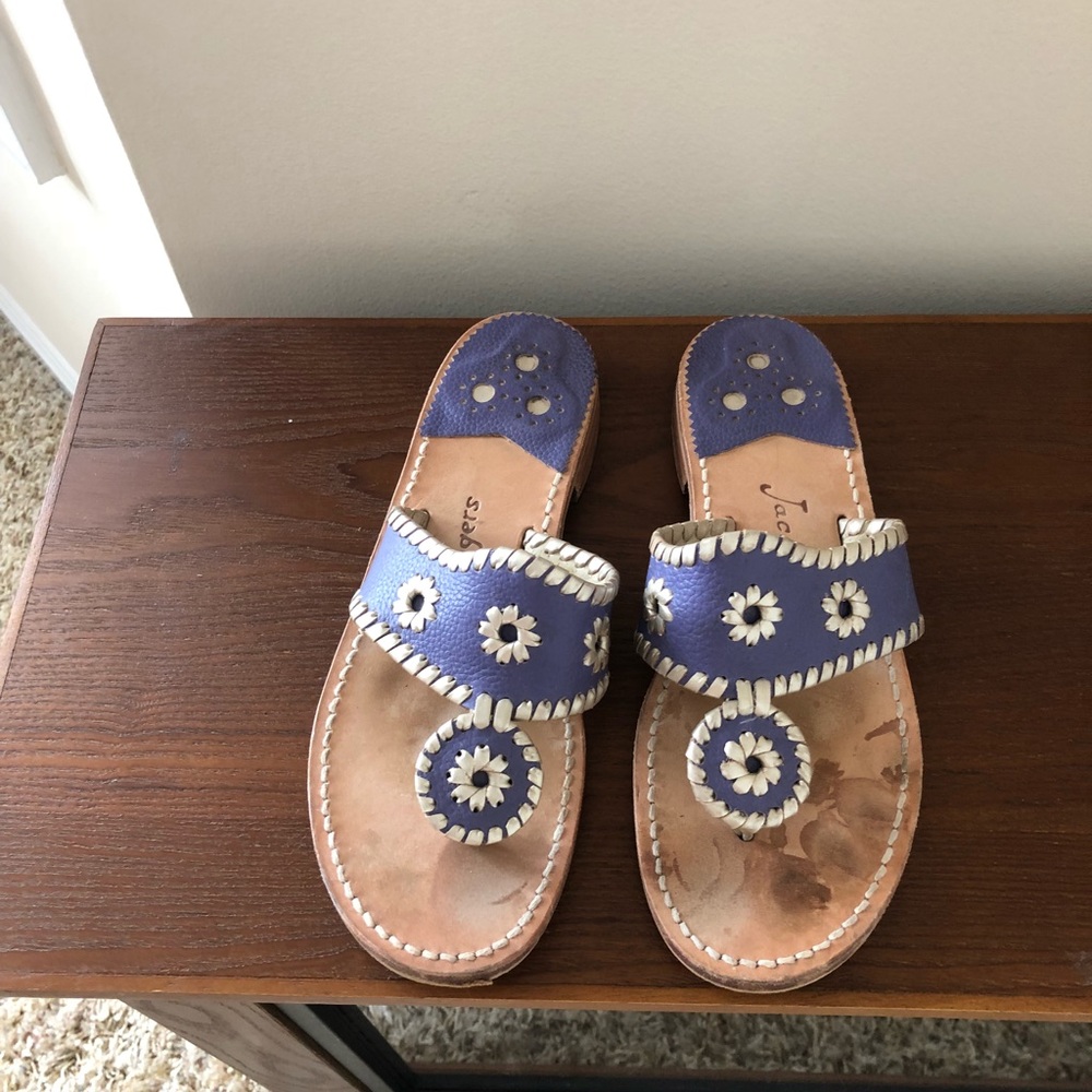 Purple/indigo and gold/pewter Jack Rogers sandals